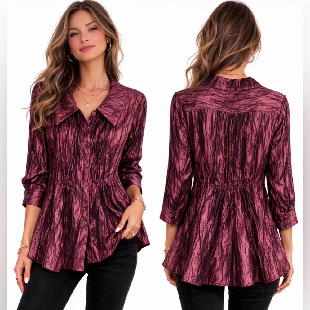 Noelle Burgundy Crinkle Satin Button Front Tunic Blouse Size 8/10
